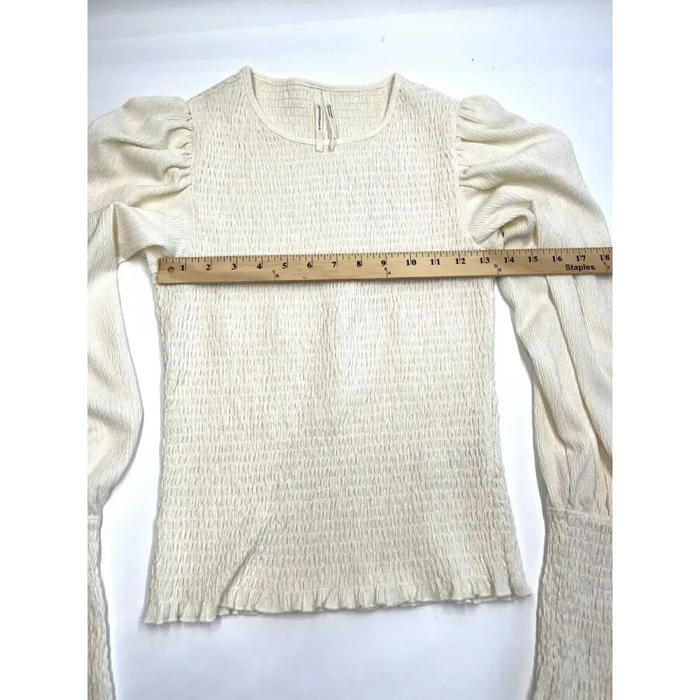 Anthropologie Smocked Puff Sleeve Top Cream Sz M Boho Prairie Cowgirl Indie